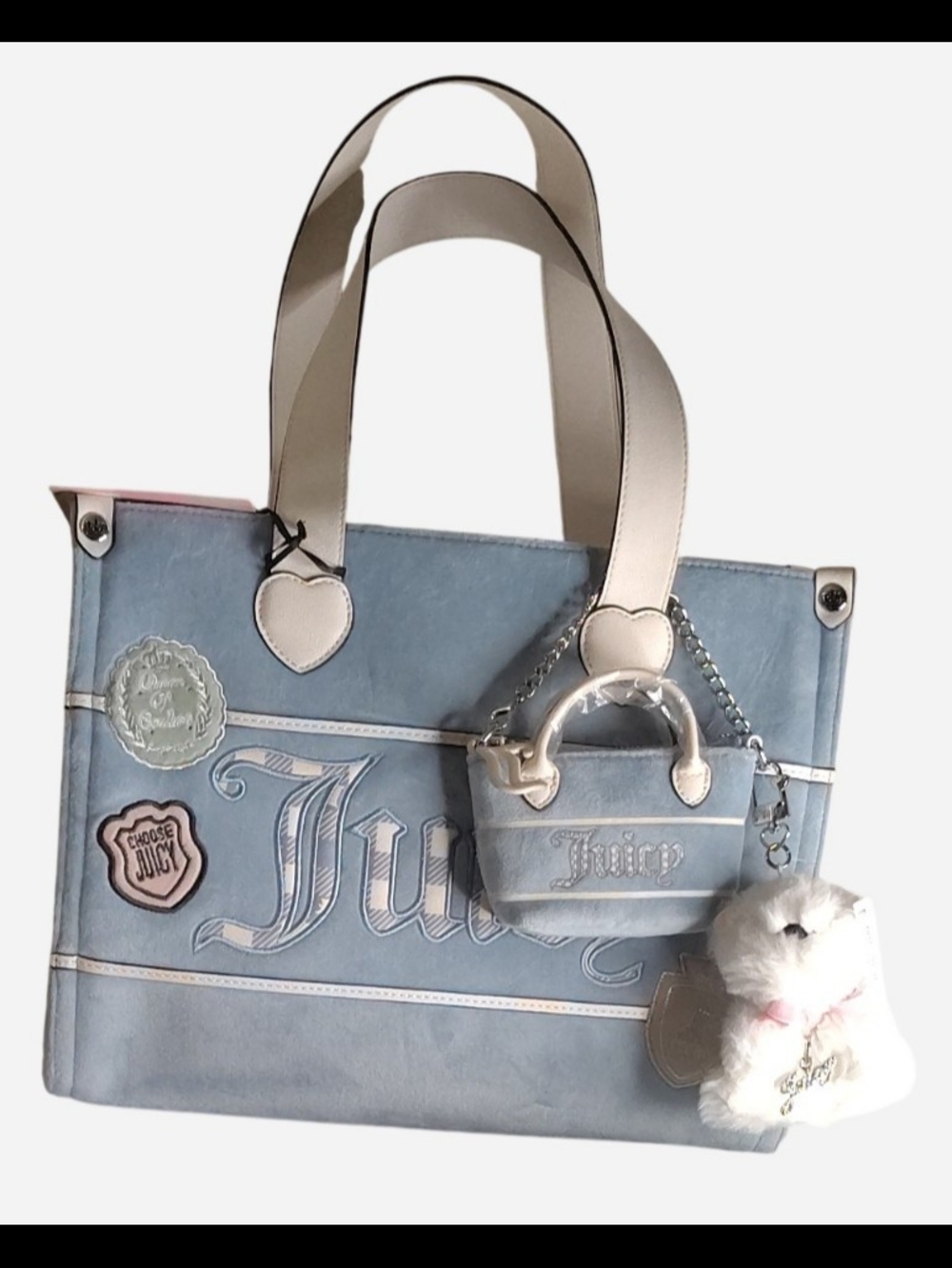 (Price Firm) Juicy Couture Baby Blue Tote with Cream Handles and Plush Charm